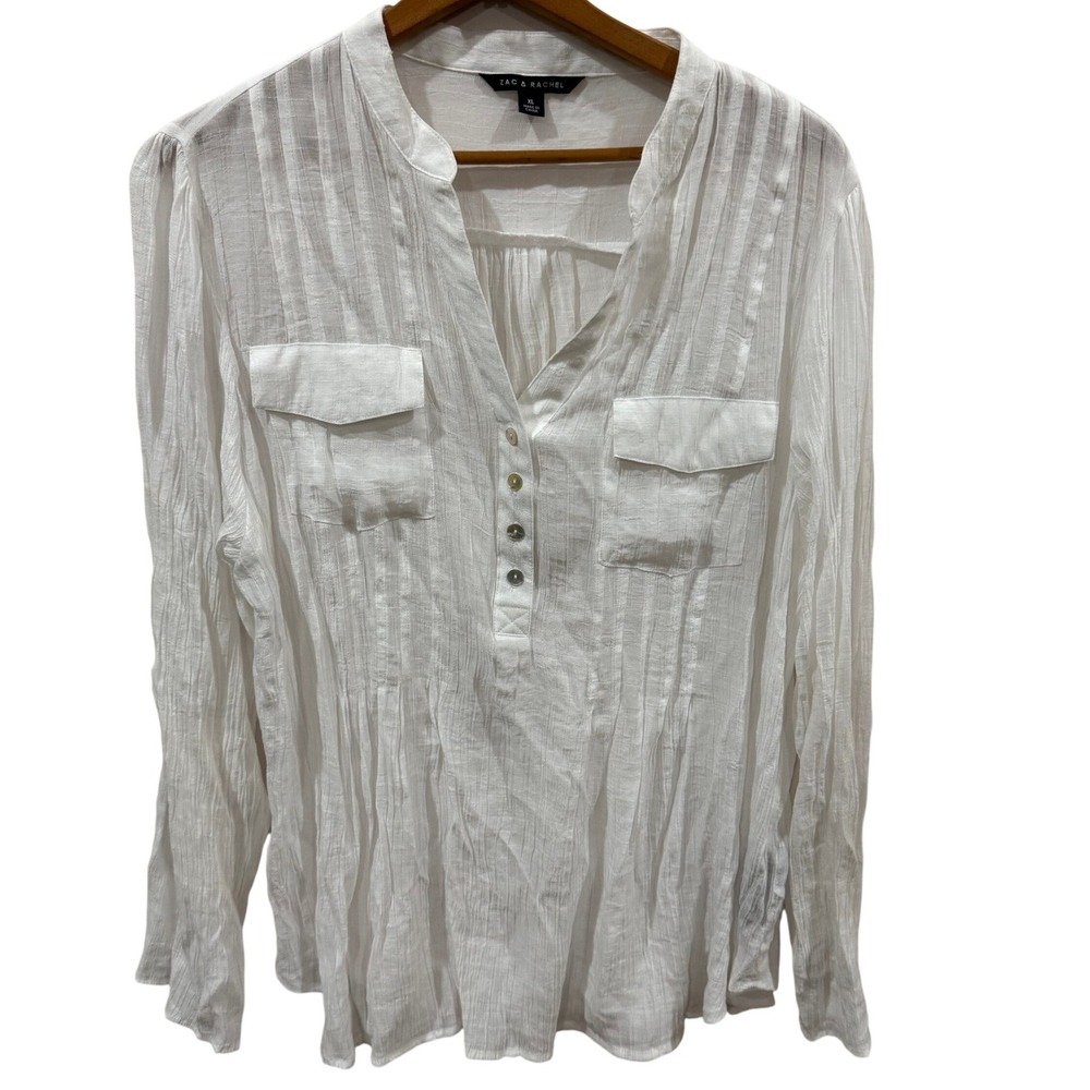 Zac & Rachel White Gauze Henley Blouse XL Long Sleeve Textured Stripe Top